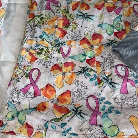 Cherokee Womens XS Floral & Pink Ribbon Print Scrub Top 97% Cotton - Picture 5 of 7
